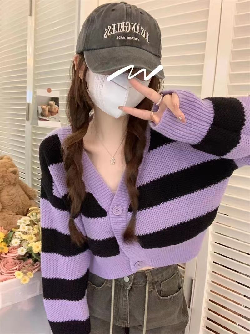 Korean Version New Stylish Slouchy Striped Cardigan Sweatshirt Short Sleeve Slimming Loose Top Women's V-Neck Simple Versatile