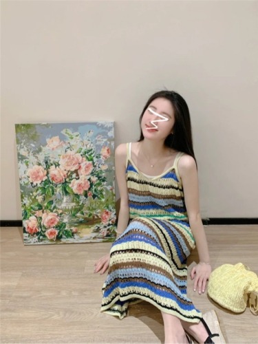 French sweet striped knitted suspender dress for women 2024 summer new style waist slimming long skirt