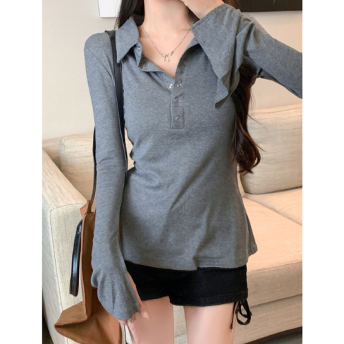 Real shot of rayon 1*1 2024 autumn long-sleeved T-shirt women's button-down polo collar design top