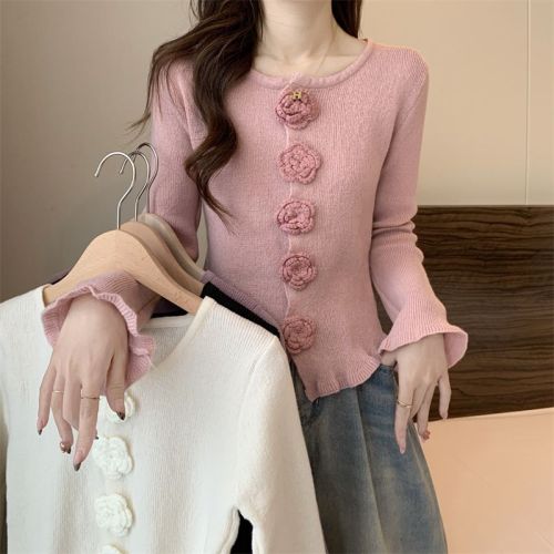 Actual shot of the new Korean style three-dimensional flower pure desire irregular hem curled long-sleeved sweater top