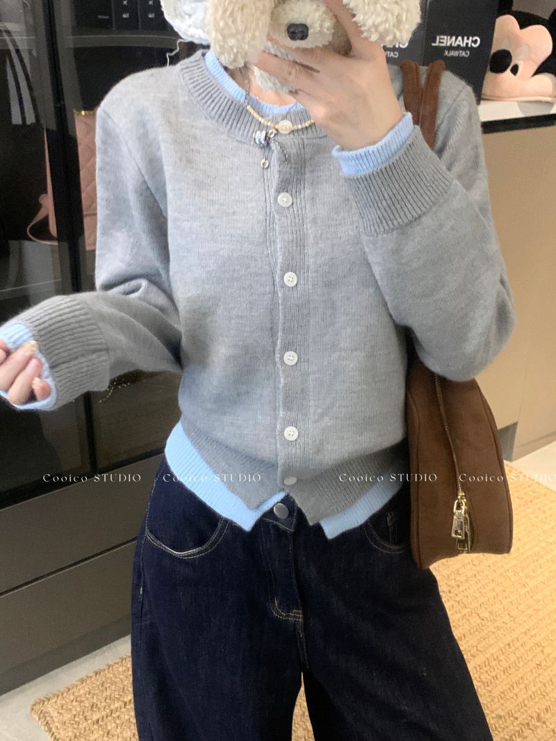 Real shot~Autumn new Korean version color matching fake two-piece single-breasted casual versatile sweater cardigan