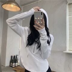 實拍 真 秋冬新款百搭拉鏈連帽不規則顯瘦長袖T恤上衣外套女