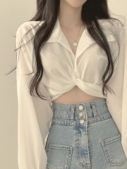 Chiffon Four-way Stretch Summer Unusual Design Back Tie Bowknot Belly Shirt 