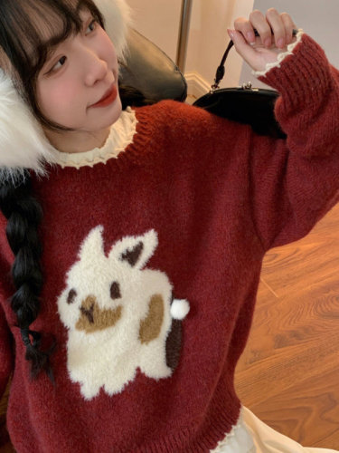 Christmas red sweater for small women in autumn and winter, lazy retro, gentle, zodiac year, rabbit New Year clothes