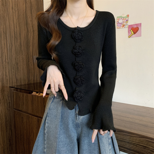 Actual shot of the new Korean style three-dimensional flower pure desire irregular hem curled long-sleeved sweater top