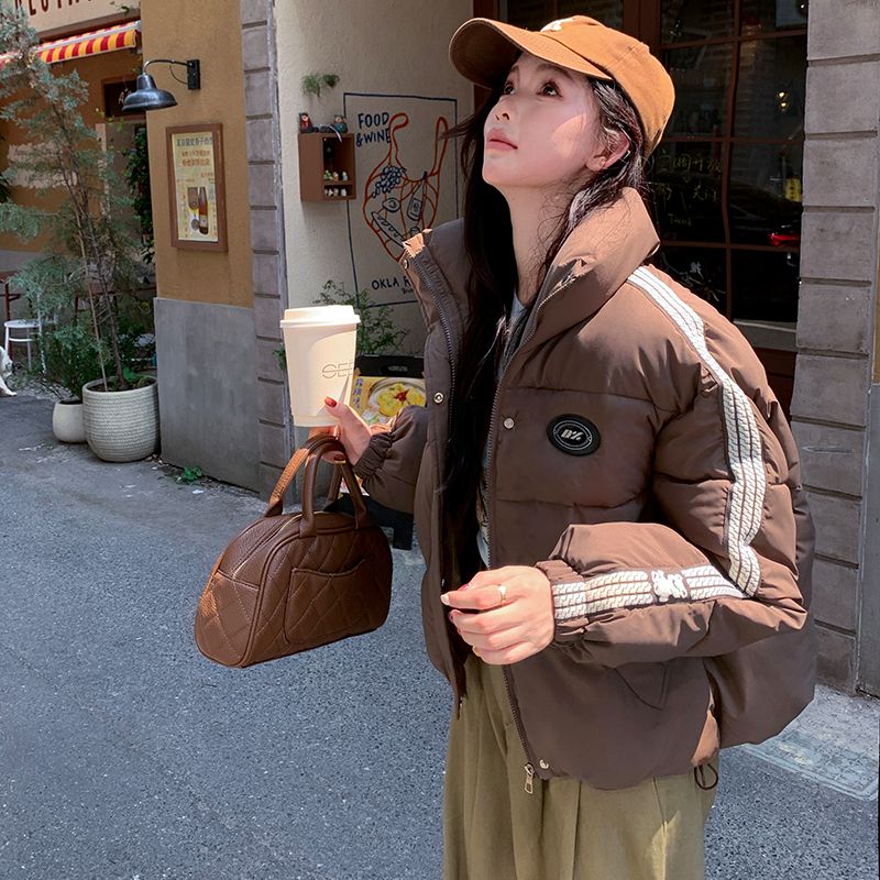 實拍2024加厚立領棉服女學生冬季新款設計感條紋棉衣外套潮