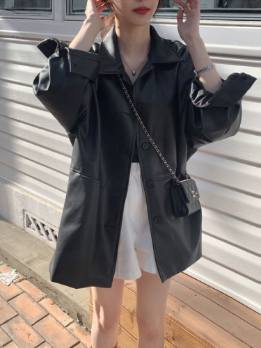 2024 Autumn Korean Single Breasted Leather Jacket New Loose Leather Jacket Top