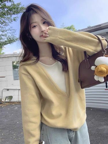 Yellow v-neck fake two-piece sweater for women early autumn design loose inner sweater Korean style chic top