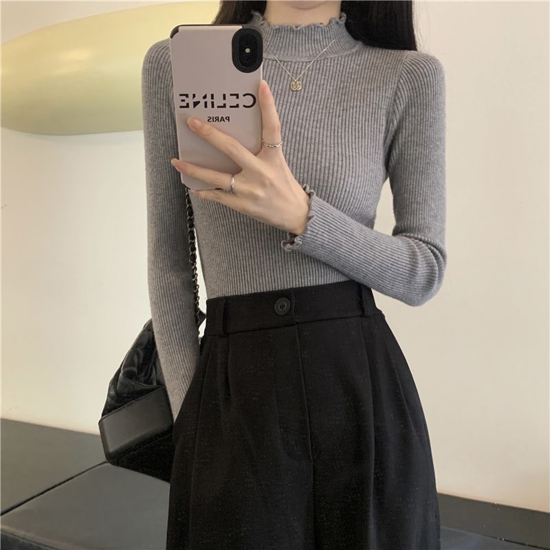 Actual Photos Real Autumn/Winter New Semi-High Collar Long-Sleeve Base Layer Top Knit Top