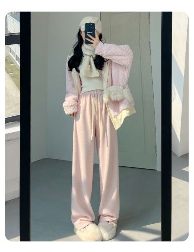 Pink towel pants for women in spring, autumn and winter new style lazy glutinous rice pants high waist drape straight pants casual wide leg pants