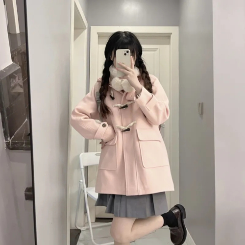 2024 Pink Hooded College Style Horn Button JK Coat for Women Autumn and Winter New Thick Woolen Coat for Small Women