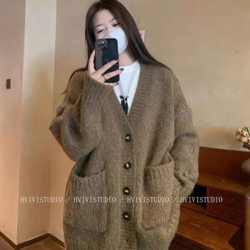 Korean lazy style ins soft waxy cardigan sweater jacket for women autumn and winter new loose outer sweater top