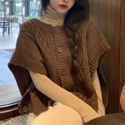 Korean-style autumn solid-colored wool crew neck commuting jacket with buttoned coarse needles, soft and comfortable sleeveless Korean-style vest for women