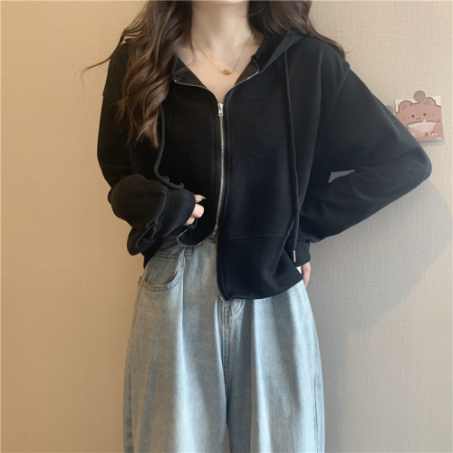 Actual shot of new spring Korean style zipper design hooded long-sleeved sweatshirt jacket for women