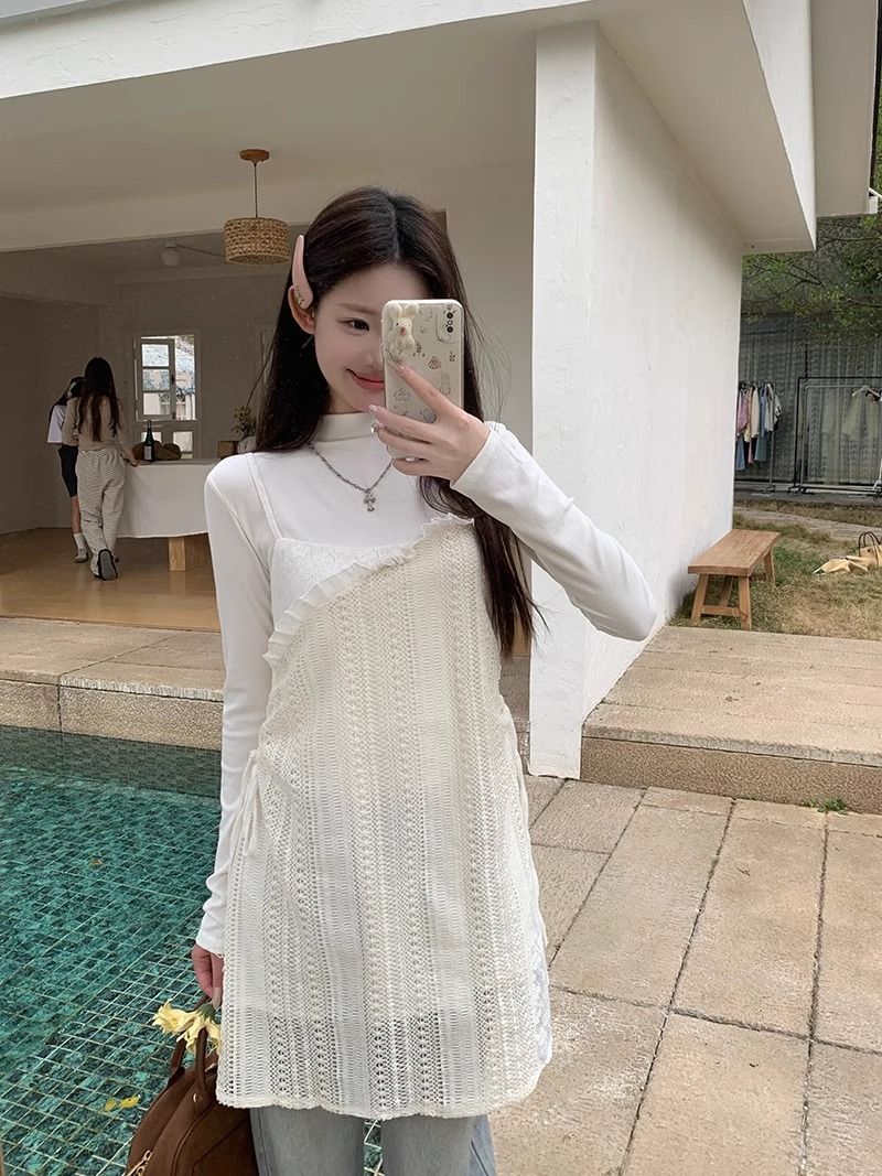 Design Sense Niche Drawstring Lace Spliced Strap Dress Women's Summer New Small Chiffon Elegance Short A-Style Skirt 
