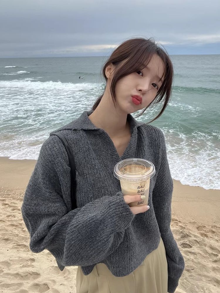 Korean chic autumn and winter niche lazy style half-open collar soft and waxy loose casual versatile long-sleeved knitted sweater for women