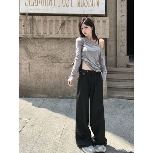 Real shot!  !  Fungus-edged lace pull-on casual trousers slim straight-leg floor-length trousers