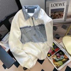 Chic Hong Kong-style denim patchwork jacket with a regular shoulder design, women's autumn American half-zip polo shirt with a stand-up collar