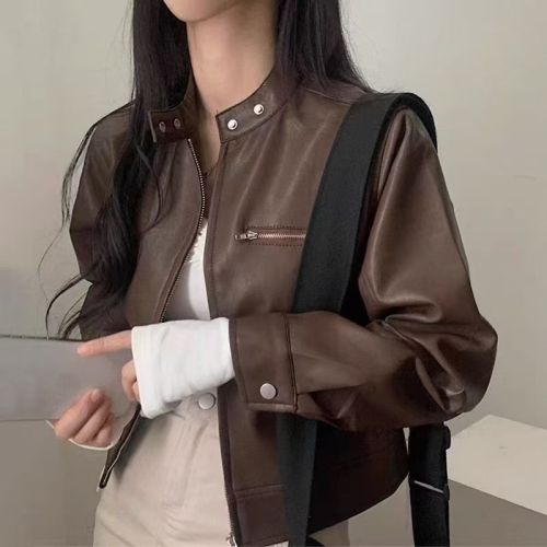 Korean ins autumn and winter temperament motorcycle leather jacket half turtleneck baseball uniform leather jacket