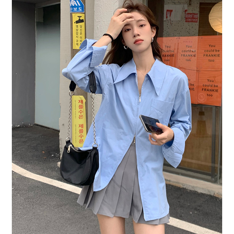 Women's Korean Style Fashion Retro Loose Long Sleeve Top with Zipper Design