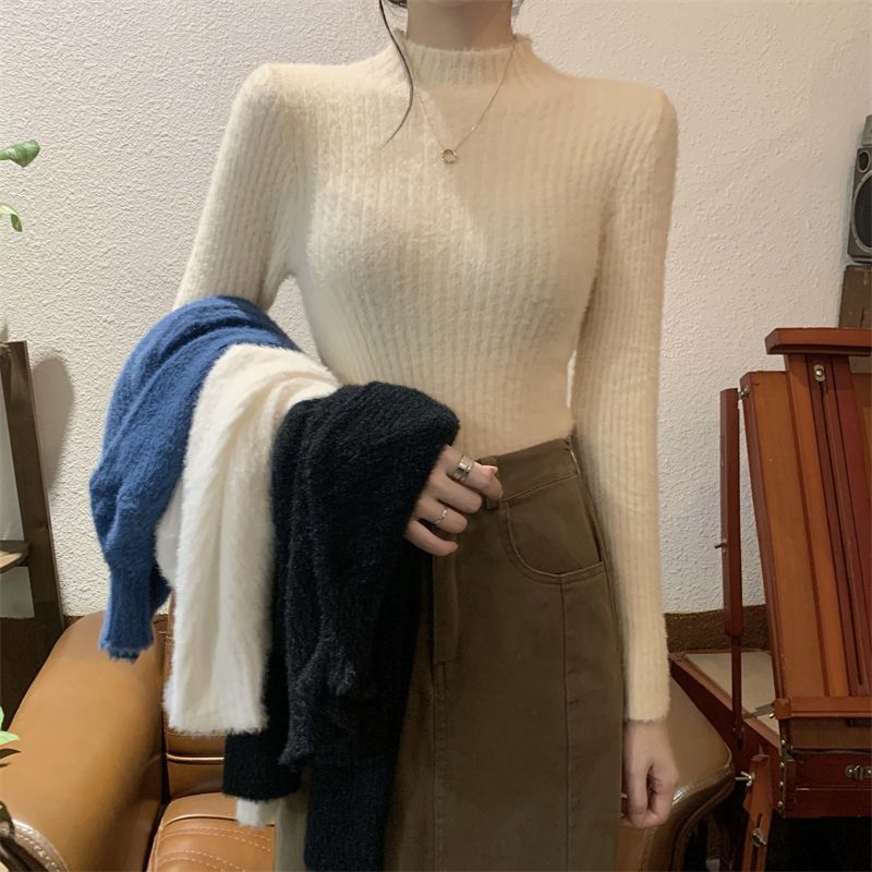 實拍 真 秋冬新款仿水貂絨半高領長袖針織衫毛衣女打底上衣