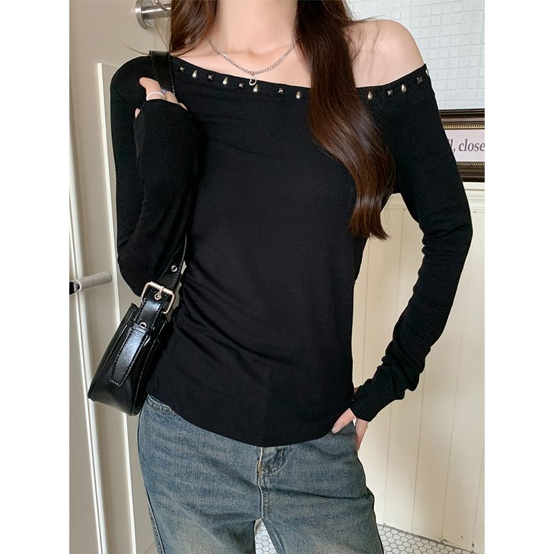 Vintage American Retro Sloping Shoulder Long Sleeve T-Shirt for Women, Autumn Crease Tight Sexy One-Shoulder Top