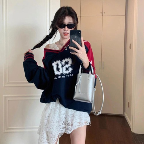 American retro contrasting color sports V-neck sweatshirt for women autumn 2024 new oversize lazy style long-sleeved top