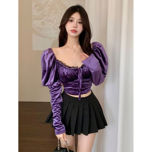 Real shot Bow tie velvet top puff sleeve short slim T-shirt