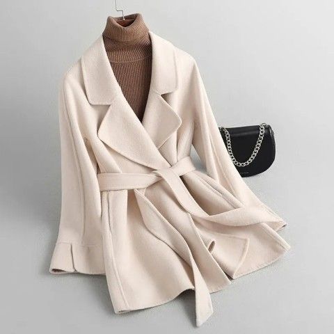 Double-sided cashmere coat short 2024 new high-end elegant tie waist slim small size red woolen coat for women 