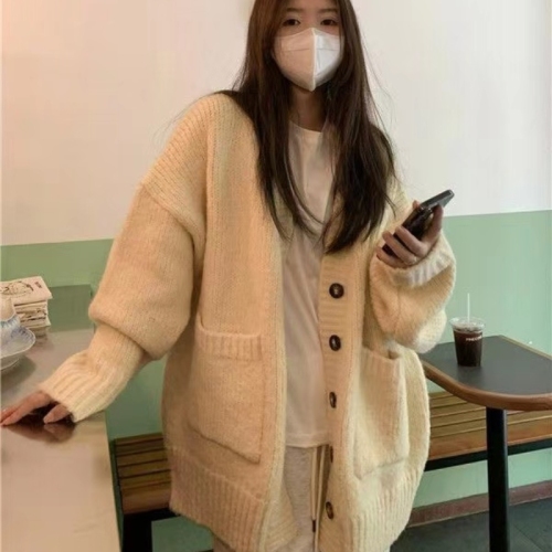 Korean lazy style ins soft waxy cardigan sweater jacket for women autumn and winter new loose outer sweater top