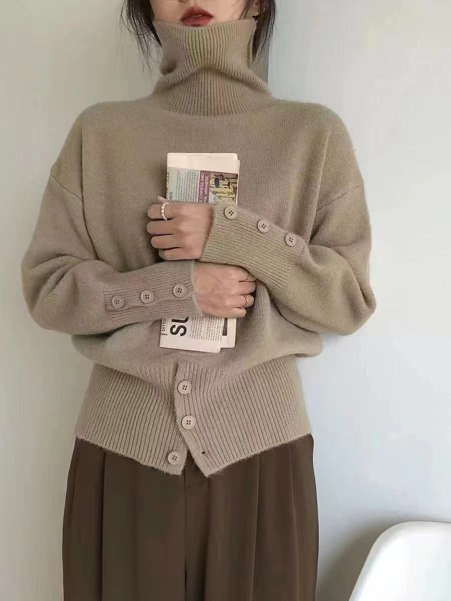 韓版chic排扣軟糯高領毛衣女早春季內搭保暖秋冬打底衫修身針織衫
