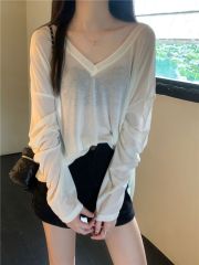 實拍 真 秋季新款慵懶長袖V領T恤女上衣