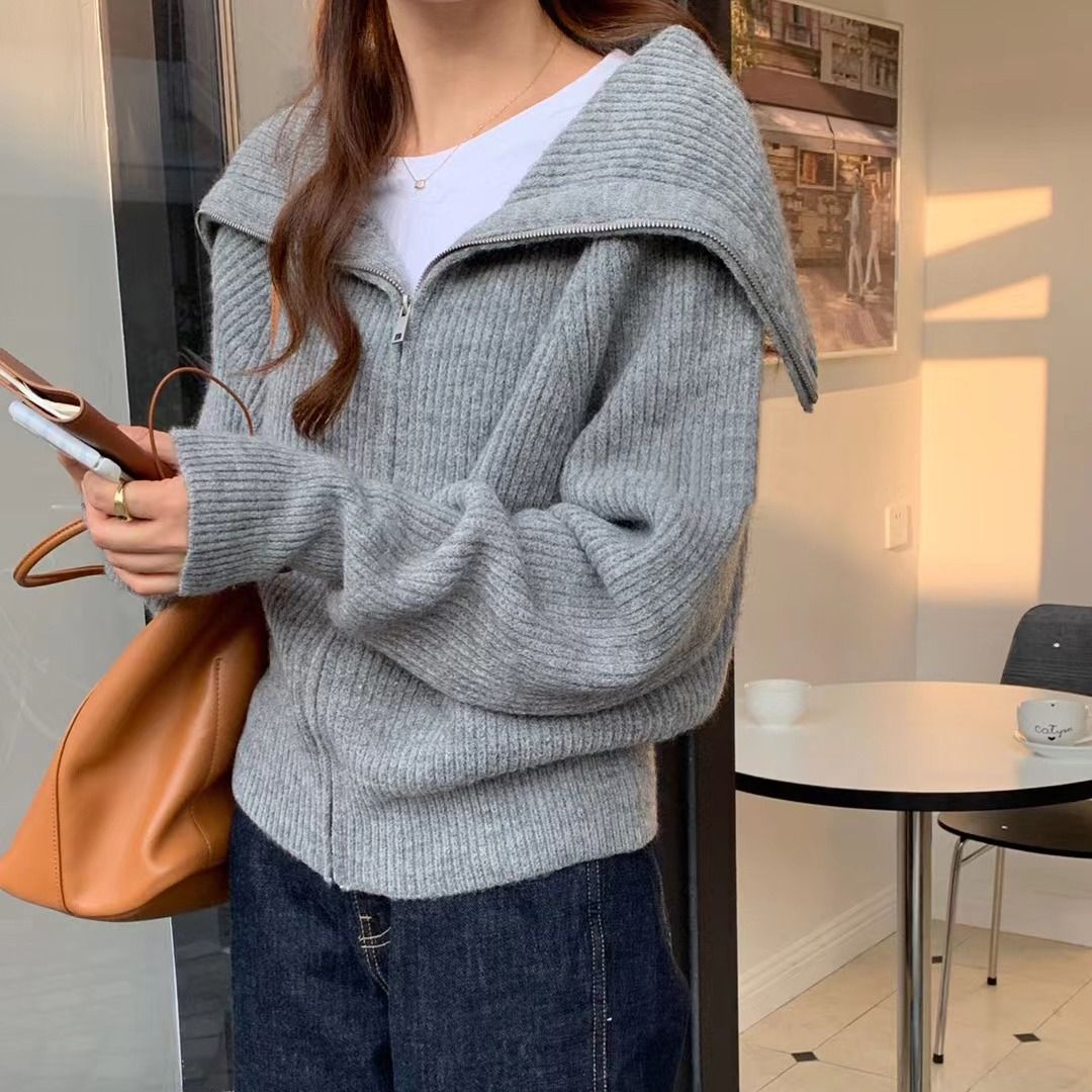 毛衣外套女開衫新款韓系大翻領拉鏈純色慵懶軟糯寬鬆版針織衫