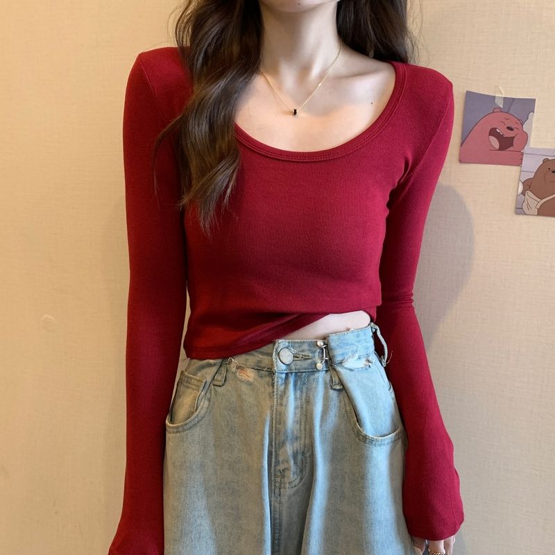 Photo-realistic Autumn New Solid Color Korean Style U-Neck Slimming Fitted Tall-Showing Versatile Long Sleeve Top for Layering Indoors or Outdoors