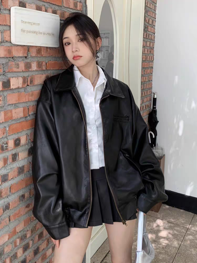 American retro Hong Kong style chic leather jacket for women, spring and autumn temperament, high-end, small Maillard jacket top