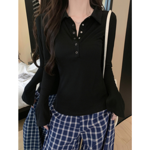 Real shot of rayon 1*1 2024 autumn long-sleeved T-shirt women's button-down polo collar design top