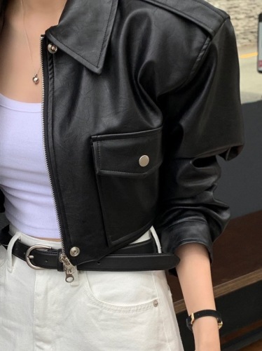 Fashionable casual zipper lapel short leather jacket