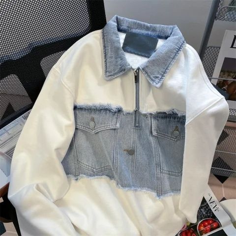 Chic Hong Kong-style denim patchwork jacket with a regular shoulder design, women's autumn American half-zip polo shirt with a stand-up collar