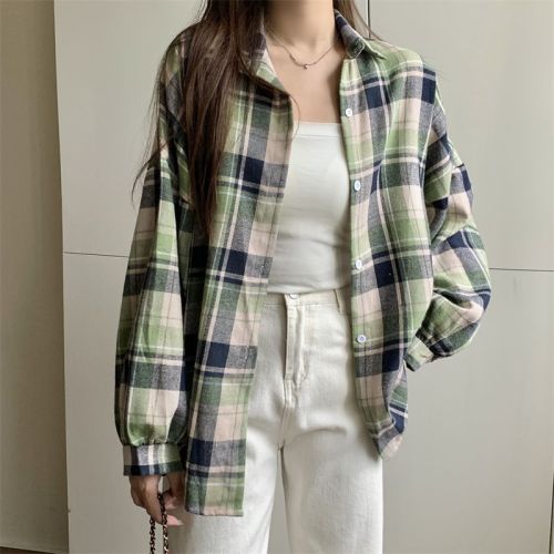 Vintage Green Plaid Shirt Autumn New Design Sensory Niche Loose Shirt Outerwear