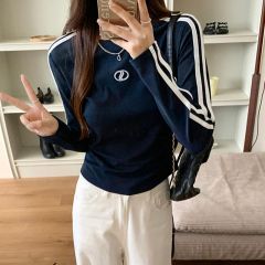 Women's Autumn New Style Embroidered American Bar Striped Cotton Long Sleeve T-Shirt with Ribbon Color Contrast Splicing Top