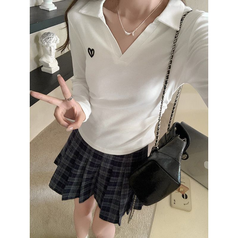 Fall Season Polo Collar Love Embroidery Pure Cotton Long Sleeve Women's Trousers Waist Cinching Inner Short-Sleeve Top