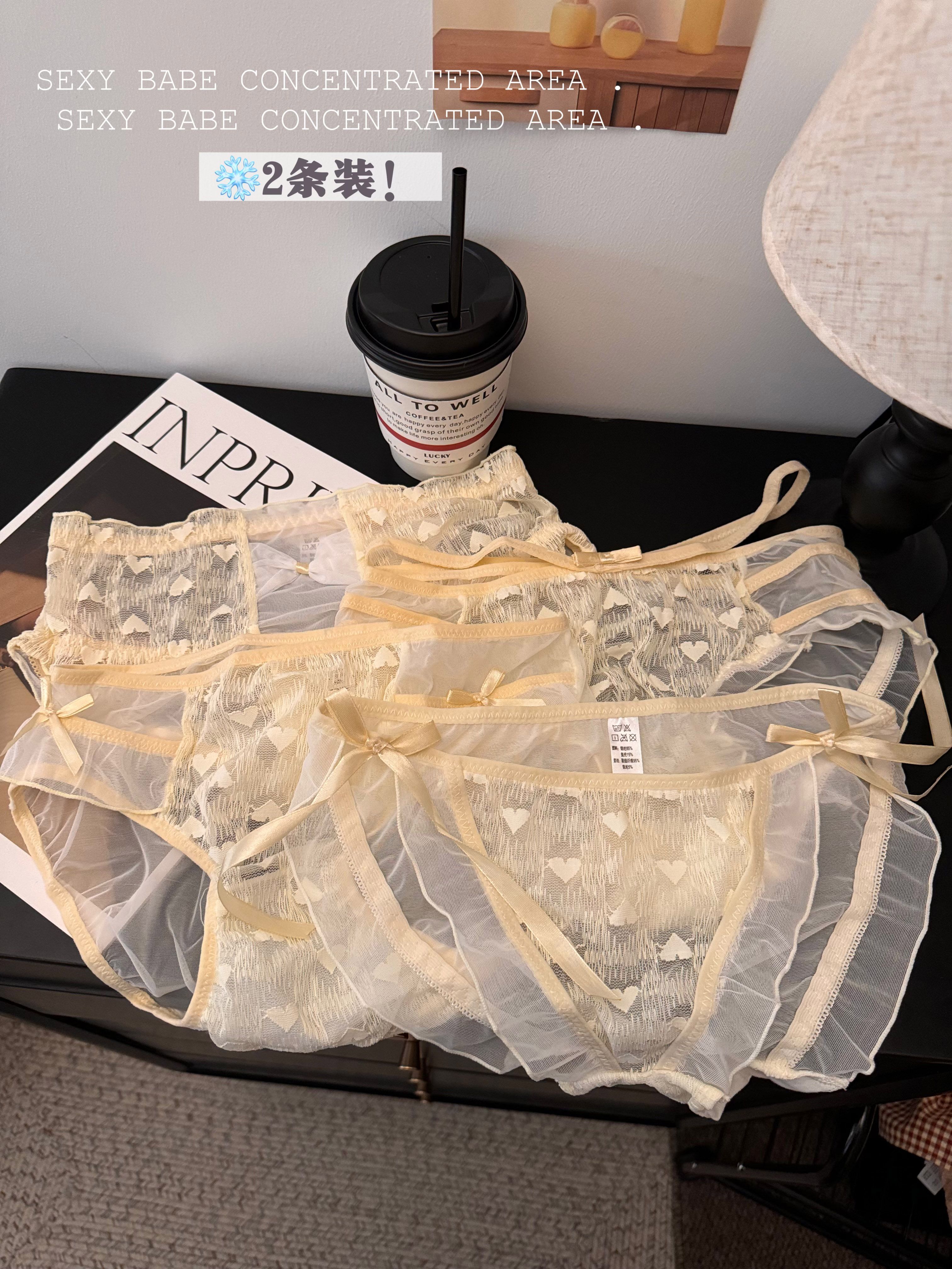 Real shot Japanese bow lace sexy breathable mesh underwear women's mid-waist student briefs 2 pack
