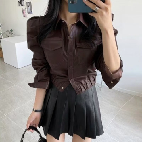 Autumn and winter Korean chic retro lapel single-breasted double-pocket leather jacket