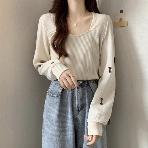 Actual shot ~ New Korean style square collar slimming pullover spliced ​​knitted top