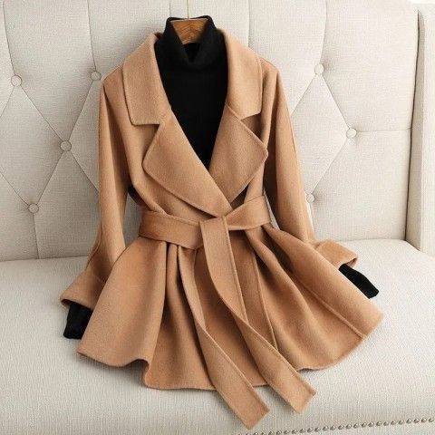 Double-sided cashmere coat short 2024 new high-end elegant tie waist slim small size red woolen coat for women 