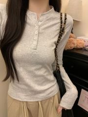 Actual shoot 40 pieces pure cotton 92% cotton/8% elastane 2024 autumn women's long-sleeved T-shirt with buttons