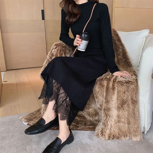 Korean Fall/Winter Lace Knit Skirt for Women, Pairs with Sweater, High-Waist A-Line, Two-Way Wear, Medium-Length Woolen Skirt, Thick