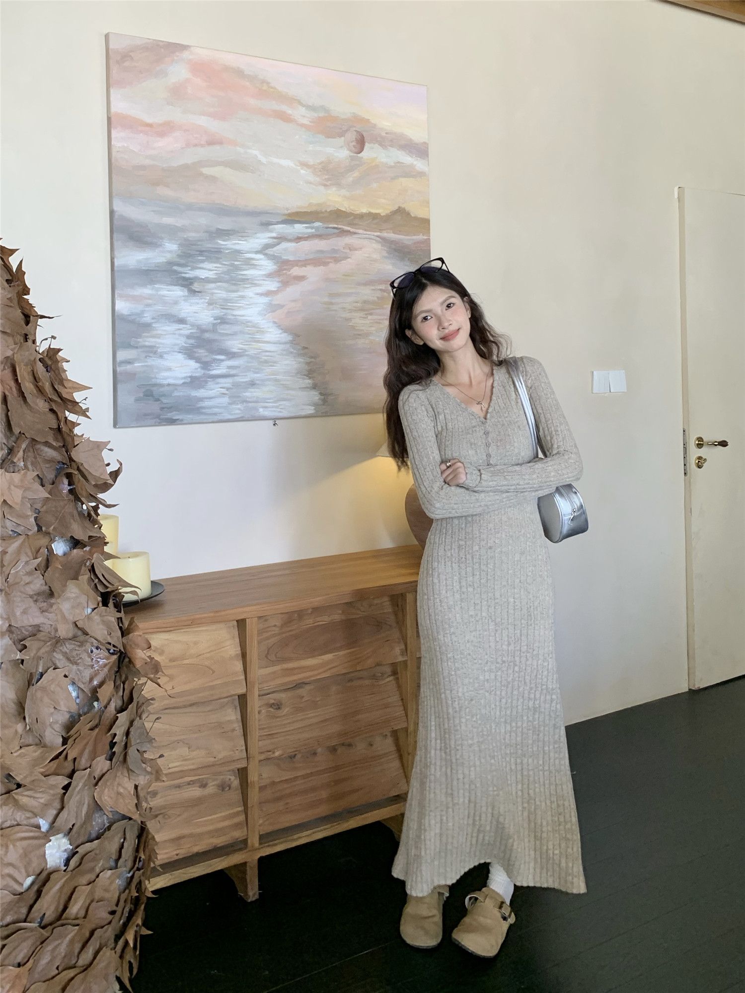 Photographed~2024 Early Autumn French Waist Cinching Slimming Long Dress Base Long Sleeve Knitted Dress