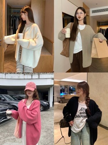 Wu 77 Fufu lazy style round neck sweater jacket for women Korean style spring and autumn loose and versatile one button inner cardigan