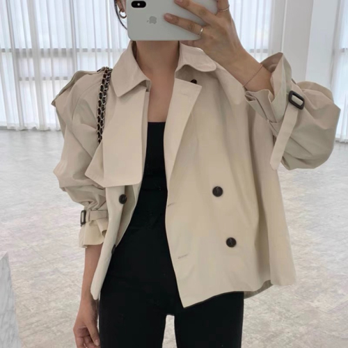 Korean chic autumn French niche lapel design double-breasted loose short long-sleeved workwear windbreaker jacket